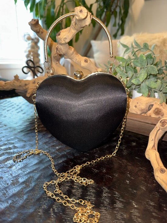 Handbags - Black Satin Heart Shaped Evening Bag